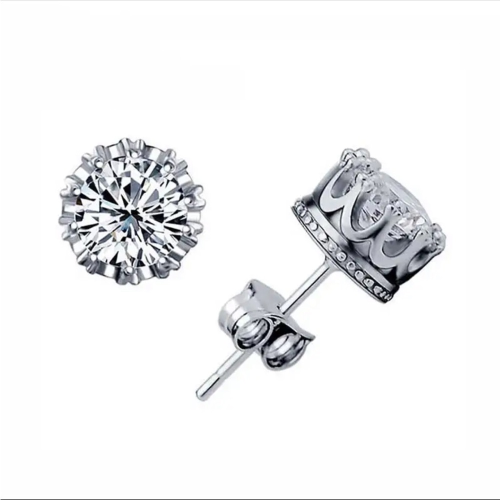 Sterling Silver Cubic Zirconia Crown Stud Earrings